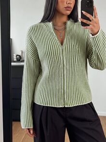 POPSWAY Cardigan de punto con cremallera, a rayas y bloques de color, estilo minimalista, talla grande, para invierno - Multicolor - Ver 5