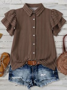 Mellowie New Year Thanksgiving Christmas Plus Size Women's Striped Casual Loose V-Neck Double Layer Ruffle Flutter Sleeve Blouse Autumn/Winter New Arrival - Brown - View 2