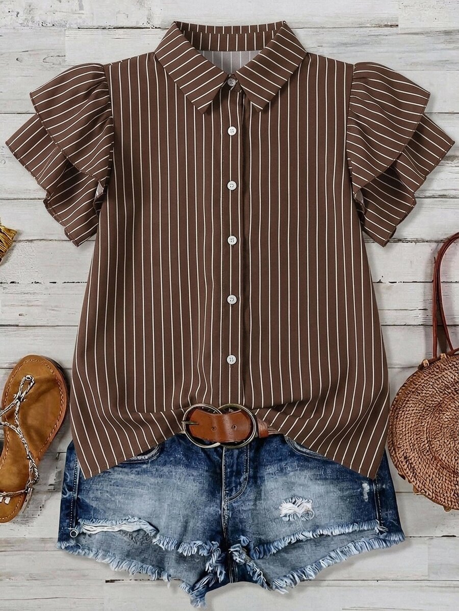 Mellowie New Year Thanksgiving Christmas Plus Size Women's Striped Casual Loose V-Neck Double Layer Ruffle Flutter Sleeve Blouse Autumn/Winter New Arrival