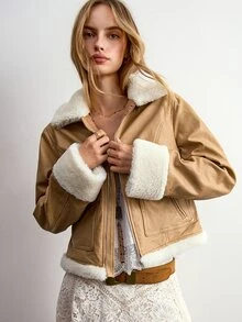 Willow Rêve Women's Khaki Lambswool Collar PU Short Jacket - Khaki - View 1