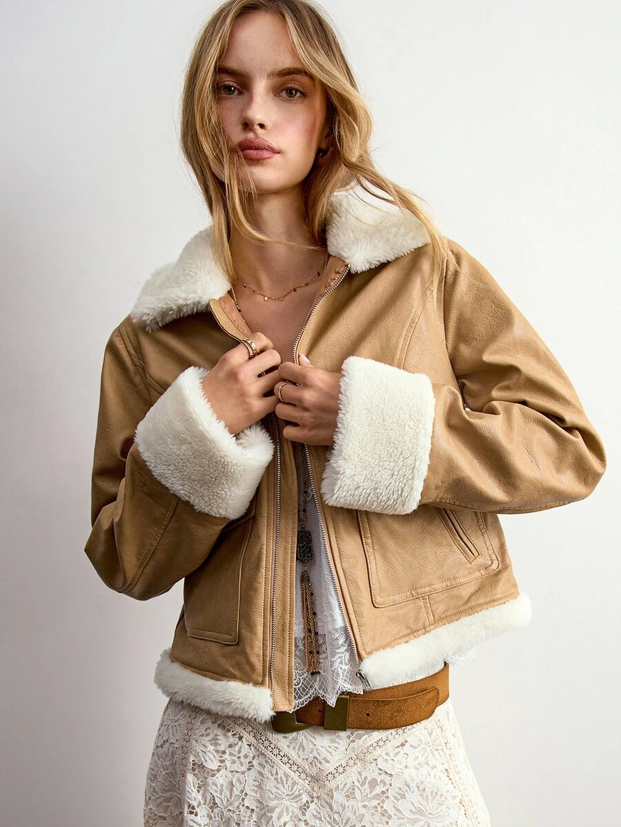 Willow Rêve Women's Khaki Lambswool Collar PU Short Jacket - Khaki - View 1