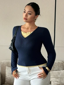 Dazy Plus Contrast Color Patchwork V-Neck Solid Color Sexy Elegant Long Sleeve T-Shirt - Navy Blue - View 4