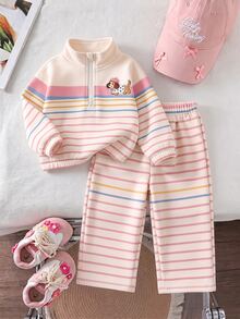 SHEIN 女童卡其棕豹紋保暖內裡兩件套，半拉鍊立領上衣 + 寬腿長褲，加厚保暖內裡 - 彩色 - 查看 1
