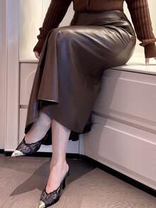 Dazy Plus Autumn/Winter High Waist Button Decor Solid Color A-Line Commuter Style Long Skirt - Brown - View 4
