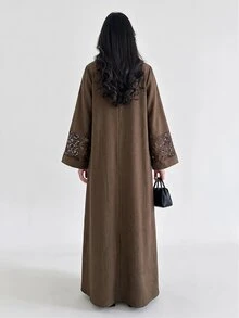 Al Najma Spring/Summer Fashion V-Neck Flared Sleeve Patchwork 3D Embroidered Lace Trim Full Skirt Dress - Brown - View 2