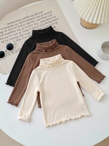 SHEIN LMoss Kids LMoss 3件組女嬰純色針織荷葉邊下擺長袖上衣，秋冬返校教師節畢業季，黑色、棕色、馬卡龍色 - 彩色 - 查看 3