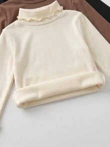 SHEIN LMoss Kids LMoss 3件組女嬰純色針織荷葉邊下擺長袖上衣，秋冬返校教師節畢業季，黑色、棕色、馬卡龍色 - 彩色 - 查看 6