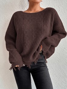 SHEIN VCAY 大尺碼女款休閒寬鬆落肩破洞設計套頭毛衣，棕色，秋冬款 - 咖啡棕 - 查看 5