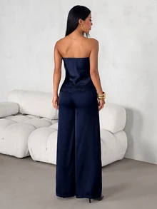 SHEIN PETITE Women's Satin & Lace Patchwork Bandeau Top And Long Pants 2 Pieces Set - Navy Blue - View 2