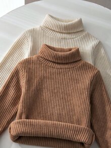 SHEIN 2件組少女秋冬高領針織內搭上衣，柔軟羅紋針織面料，高領設計，杏色溫柔乾淨、奶油白清新百搭，適合少女日常上學、幼兒園、外出、拍照，柔軟舒適不刺激 - 彩色 - 查看 7