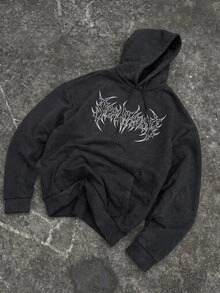 Gym Rark Men's Gothic Print Drawstring Faux Washed Drop Shoulder Sweatshirt - Black - View 1