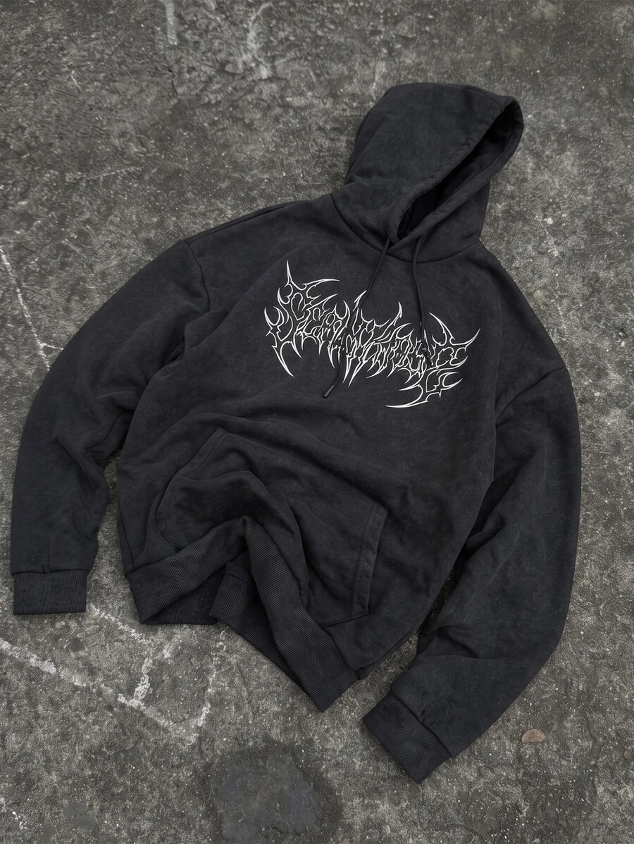 Gym Rark Men's Gothic Print Drawstring Faux Washed Drop Shoulder Sweatshirt - Black - View 1