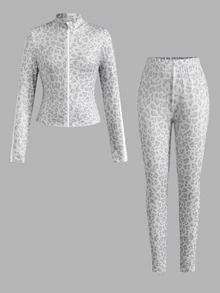 SHEIN Tween Girls Autumn/Winter Grey Kids Leopard Print Patchwork White Knit Sports Set 2pcs Jacket Cardigan + Pants Casual Comfortable Versatile Daily Wear - Grey - View 3