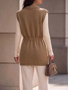 SHEIN Autumn/Winter New Casual Minimalist Solid Color V-Neck Drawstring Tie Mid-Length Knit Vest For Women, Casual Daily Commute Outfit - Khaki - View 4