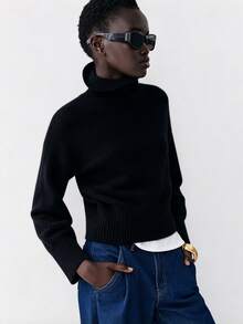 Lumivelle Women's Ribbed Fashion High Neck Long Sleeve Sweater - Black - View 4