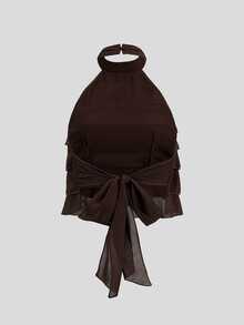 Sweetra Women's Plus Size Summer Fashion Versatile Multi-Layer Ruffle Hem Back Cutout Tie Chiffon Round Neck Sleeveless Short Blouse - Coffee Brown - View 2
