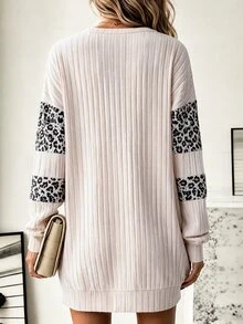 Holdful Holdful Women's Casual Versatile Elegant Loose Ribbed Patchwork Leopard Print Autumn/Winter Apricot Long Sleeve Short Dress - Apricot - View 2