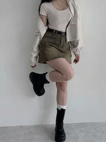 Dazy Plus American Retro Denim Skirt Women New Distressed High Waist A-Line Mini Skirt - Khaki - View 1