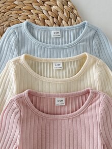 SHEIN 女嬰針織素色圓領休閒T恤上衣3件組，隨機3件，僅含上衣 - 彩色 - 查看 5