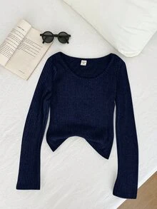 SHEIN 青少年女孩羅紋圓領彈性修身百搭長袖T恤，卡其色秋季休閒校園冬季套頭上衣，舒適日常穿著街頭風 - 藍色 - 查看 6