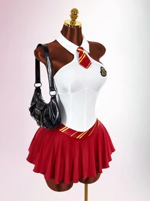 Amplova Halloween Magic Academy Style Cut-Out Waist Umbrella Skirt Cross Strap Backless With Lining Tie Neck Women's Fitted Mini Dress - Burgundy - View 9