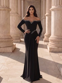 Coutiva Women's Rhinestone Decorated Off-Shoulder Long Sleeve Fitted Elegant Formal Evening Gown (Heavy Embellished) - Black - View 3
