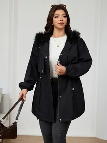 Reflora Plus Size Women's Solid Color Long Sleeve Zip-Up Drawstring Waist Patchwork Fur Hooded Jacket - Black - View 3