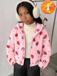 SHEIN Tween Girl Thermal Lined Tween Girl Thick Bow Hooded Zip-Up Jacket Fall/Winter - Pink - View 3