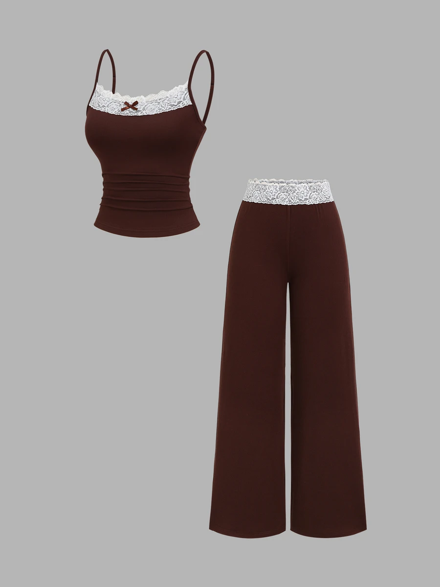 Elamini Spring/Autumn New 2 Pieces Set, Contrast Lace, Design-Driven Outfit, Slimming Fit, Suitable For Daily Wear And Street Style - Brown - View 1