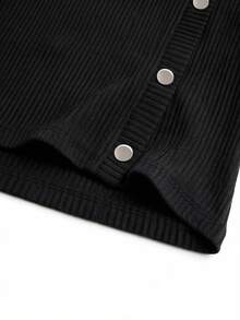 INAWLY Plus Size Black Ribbed Knit Cold Shoulder Long Sleeve Top With Asymmetric Button Closure For Women - Black - View 6