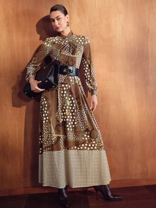 MOTF PREMIUM ASYMMETRICAL PLEATED POLKA DOT PRINT LONG SLEEVE DRESS - Coffee - View 5