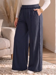 Rosumi Women's Plus Size Solid Color Casual Daily Wear Long Pants Fall Winter 2026 Loose-Fitting Dark Blue Washed Trousers - Blue - View 7