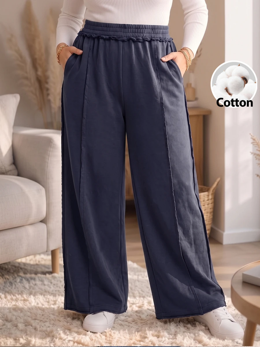 Rosumi Women's Plus Size Solid Color Casual Daily Wear Long Pants Fall Winter 2026 Loose-Fitting Dark Blue Washed Trousers - Blue - View 1