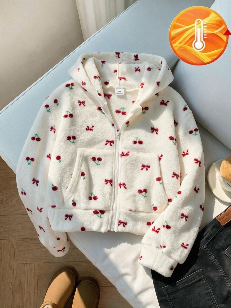 SHEIN 青少年女孩寬鬆休閒極簡舒適日常街頭風連帽修身口袋拉鍊短款長袖衛衣外套 豹紋抓絨 - 彩色 - 查看 1