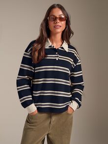 Athîral 女款休閒拼色 Polo 領黑色條紋 T 恤，秋季服飾，辦公休閒，可愛上衣，女款長袖上衣，女款外出上衣 - 寶藍色 - 查看 4