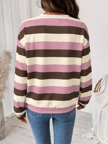 SHEIN LUNE 女款運動衫，秋季服飾，休閒極簡復古優雅通勤百搭保暖印花圖案粉色棕色杏色條紋，秋季穿搭，女款通勤穿搭，百搭上衣，外出穿搭，機場穿搭 - 白色 - 查看 2
