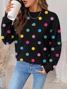 SHEIN LUNE Women's Sweatshirt With Playful Cute Colorful Polka Dot Pattern, Elegant Casual Fashion - White - View 4