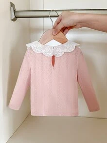 Cozy Pixies Baby Girl Decorative Ruffle Collar Round Neck Long Sleeve Pullover Top Solid Color Versatile Comfortable - Baby Pink - View 2