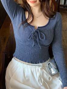 Dazy Plus Colorblock Patchwork Lace-Up Design Short Crop Top Long Sleeve T-Shirt - Teal Blue - View 3