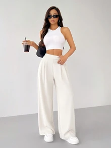 SHEIN PETITE 女款純色簡約日常基本款長褲，小個子女教師節上班辦公黑色秋季休閒基本款 - 杏色 - 查看 5