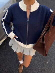 SHEIN 青少年女孩海軍藍對比色立領對比色織帶裝飾長袖開襟針織衫，學院風，運動風 - 藏蓝色 - 查看 1