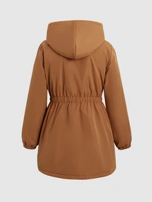 SHEIN Tween女孩兒童冬季棕色花卉保暖內裡拉鍊連帽外套，彈性腰頭，加厚休閒通勤秋冬外套 - 棕色 - 查看 6