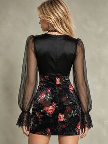 Linavere Women's Spring/Autumn Deep V-Neck Lace Patchwork Black Dress, Sexy Slim Fit Flattering, Rose Print Velvet Body, Suitable For Dates, Parties And Evening Events - Multicolor - View 2