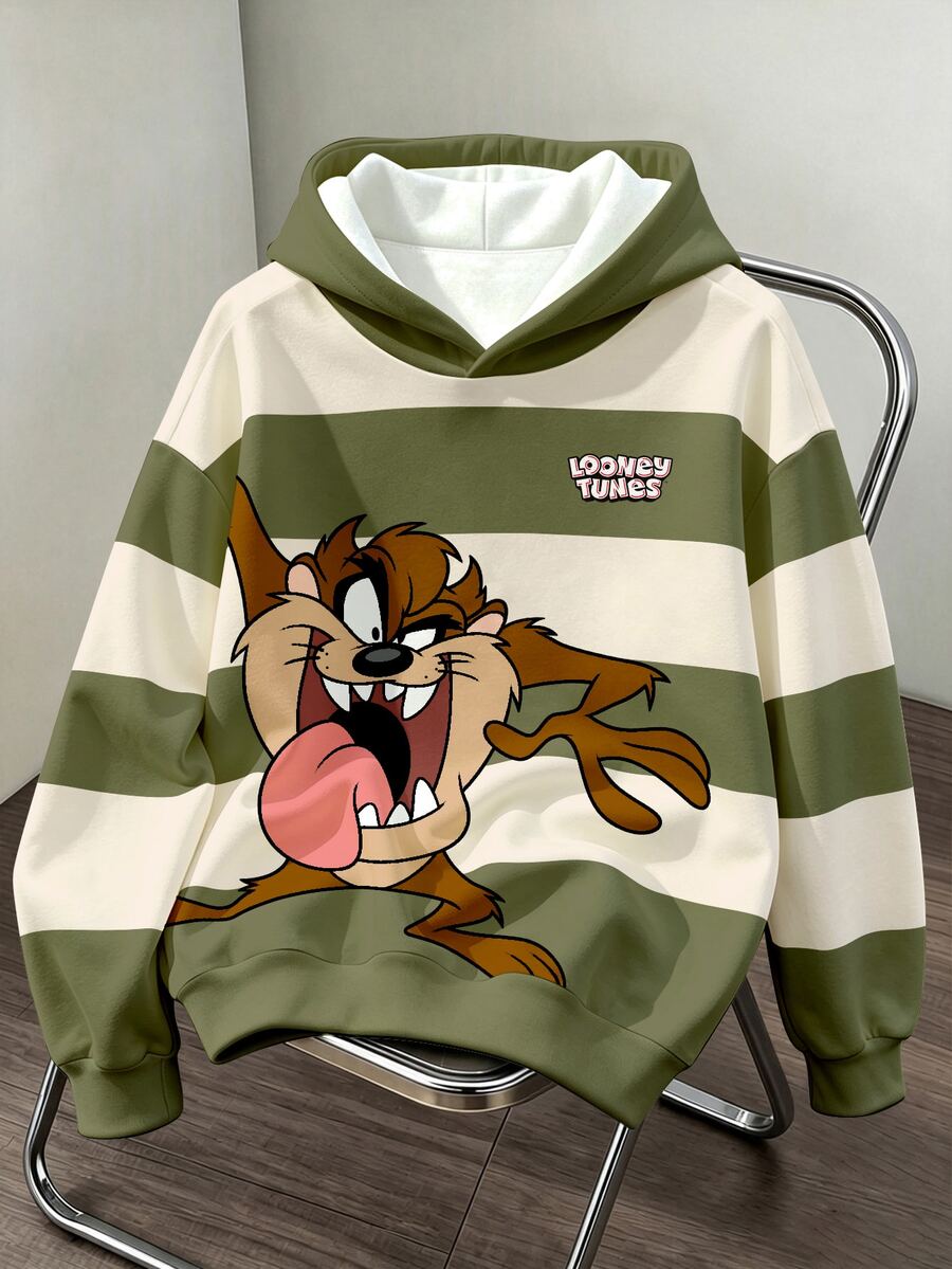 LOONEY TUNES X SHEIN Daypath 男士卡通圖案印花長袖連帽衫 大學校園風 綠色與白色條紋 秋季街頭穿搭 - 橄欖綠 - 查看 1
