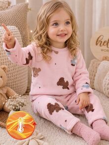 2pcs Baby Girl Comfortable Soft Plush Pink Cute Bear & Pony Animal Print Crew Neck Long Sleeve Pants Pajama Set - Pink - View 6