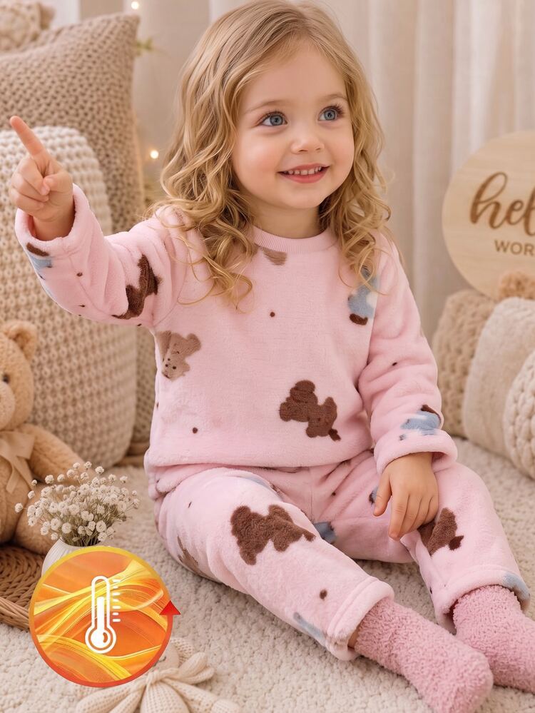 2pcs Baby Girl Comfortable Soft Plush Pink Cute Bear & Pony Animal Print Crew Neck Long Sleeve Pants Pajama Set - Pink - View 6