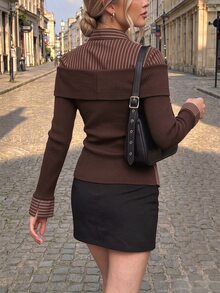 Selenza Women's Fashionable New Spring/Autumn Romantic Elegant Black Off-Shoulder Striped Patchwork Shirt, Fashionable Item - Brown - View 2