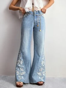 Willow Rêve Women's Light Blue Embroidered Wide Leg Denim Jeans - Blue - View 1