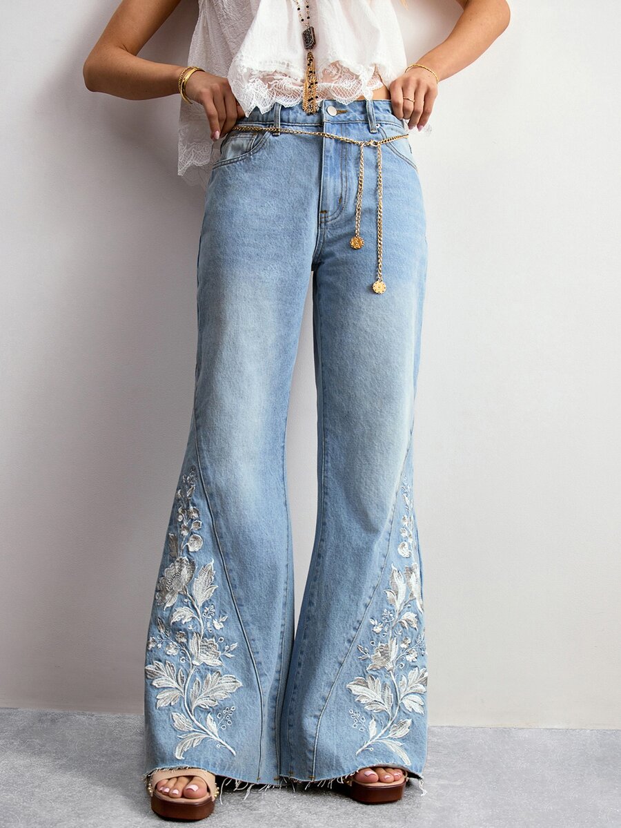 Willow Rêve Women's Light Blue Embroidered Wide Leg Denim Jeans - Blue - View 1