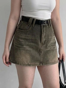 Dazy Plus American Retro Denim Skirt Women New Distressed High Waist A-Line Mini Skirt - Khaki - View 3